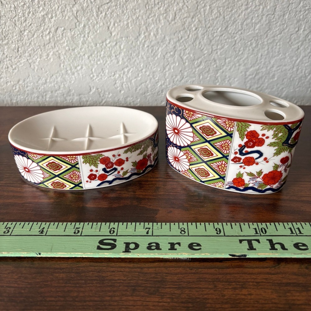 Vintage Japanese Ceramic MCM Bathroom Set Toothbrush Holder Soap Dish Floral - Picture 1 of 7